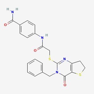 molecular formula C22H20N4O3S2 B11289519 4-(2-((3-Benzyl-4-oxo-3,4,6,7-tetrahydrothieno[3,2-d]pyrimidin-2-yl)thio)acetamido)benzamide 