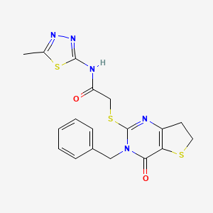 molecular formula C18H17N5O2S3 B11290173 2-((3-benzyl-4-oxo-3,4,6,7-tetrahydrothieno[3,2-d]pyrimidin-2-yl)thio)-N-(5-methyl-1,3,4-thiadiazol-2-yl)acetamide 