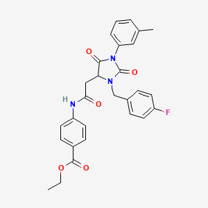 molecular formula C28H26FN3O5 B11290775 Ethyl 4-({[3-(4-fluorobenzyl)-1-(3-methylphenyl)-2,5-dioxoimidazolidin-4-yl]acetyl}amino)benzoate 