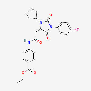 molecular formula C25H26FN3O5 B11291195 Ethyl 4-({[3-cyclopentyl-1-(4-fluorophenyl)-2,5-dioxoimidazolidin-4-yl]acetyl}amino)benzoate 