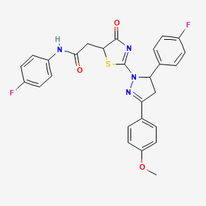 molecular formula C27H22F2N4O3S B11291453 N-(4-fluorophenyl)-2-{2-[5-(4-fluorophenyl)-3-(4-methoxyphenyl)-4,5-dihydro-1H-pyrazol-1-yl]-4-oxo-4,5-dihydro-1,3-thiazol-5-yl}acetamide 