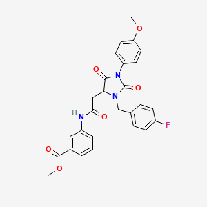 molecular formula C28H26FN3O6 B11291640 Ethyl 3-({[3-(4-fluorobenzyl)-1-(4-methoxyphenyl)-2,5-dioxoimidazolidin-4-yl]acetyl}amino)benzoate 