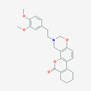 molecular formula C25H27NO5 B11293330 3-(3,4-Dimethoxyphenethyl)-3,4,7,8,9,10-hexahydro-2H,6H-benzo[3,4]chromeno[8,7-E][1,3]oxazin-6-one 