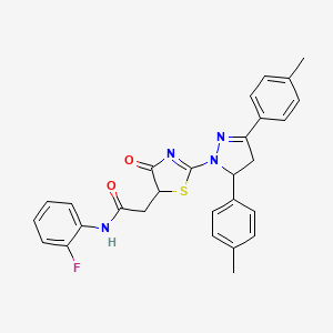 molecular formula C28H25FN4O2S B11294062 2-{2-[3,5-bis(4-methylphenyl)-4,5-dihydro-1H-pyrazol-1-yl]-4-oxo-4,5-dihydro-1,3-thiazol-5-yl}-N-(2-fluorophenyl)acetamide 