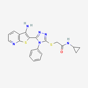 molecular formula C20H18N6OS2 B11296735 2-[(5-{3-Aminothieno[2,3-B]pyridin-2-YL}-4-phenyl-4H-1,2,4-triazol-3-YL)sulfanyl]-N-cyclopropylacetamide 