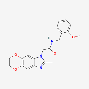 molecular formula C20H21N3O4 B11297015 N-(2-methoxybenzyl)-2-(2-methyl-6,7-dihydro-1H-[1,4]dioxino[2,3-f]benzimidazol-1-yl)acetamide 