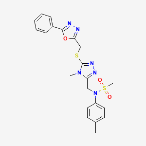 molecular formula C21H22N6O3S2 B11301463 N-(4-methylphenyl)-N-[(4-methyl-5-{[(5-phenyl-1,3,4-oxadiazol-2-yl)methyl]sulfanyl}-4H-1,2,4-triazol-3-yl)methyl]methanesulfonamide 