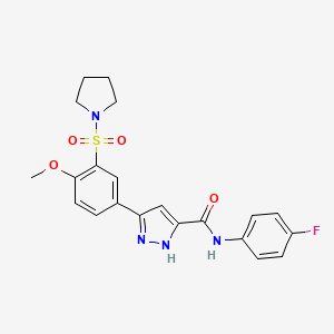 molecular formula C21H21FN4O4S B11301511 N-(4-fluorophenyl)-5-[4-methoxy-3-(pyrrolidin-1-ylsulfonyl)phenyl]-1H-pyrazole-3-carboxamide 