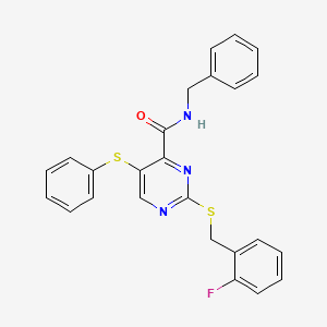molecular formula C25H20FN3OS2 B11302021 N-benzyl-2-[(2-fluorobenzyl)sulfanyl]-5-(phenylsulfanyl)pyrimidine-4-carboxamide 