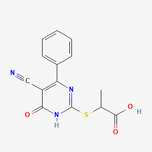 molecular formula C14H11N3O3S B11305679 2-[(5-Cyano-6-oxo-4-phenyl-1,6-dihydropyrimidin-2-YL)sulfanyl]propanoic acid 
