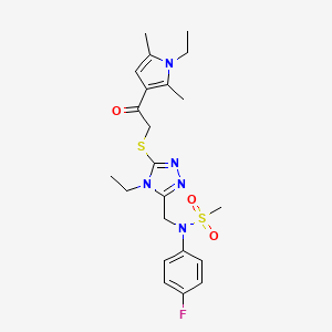 molecular formula C22H28FN5O3S2 B11312235 N-[(4-ethyl-5-{[2-(1-ethyl-2,5-dimethyl-1H-pyrrol-3-yl)-2-oxoethyl]sulfanyl}-4H-1,2,4-triazol-3-yl)methyl]-N-(4-fluorophenyl)methanesulfonamide 