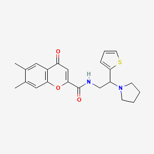 molecular formula C22H24N2O3S B11318073 6,7-dimethyl-4-oxo-N-[2-(pyrrolidin-1-yl)-2-(thiophen-2-yl)ethyl]-4H-chromene-2-carboxamide 