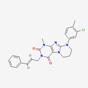 molecular formula C25H24ClN5O2 B11323087 3-((2E)-3-phenylprop-2-enyl)-9-(3-chloro-4-methylphenyl)-1-methyl-1,3,5-trihyd ro-6H,7H,8H-1,3-diazaperhydroino[1,2-h]purine-2,4-dione 