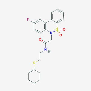 molecular formula C22H25FN2O3S2 B11329245 N-[2-(cyclohexylsulfanyl)ethyl]-2-(9-fluoro-5,5-dioxido-6H-dibenzo[c,e][1,2]thiazin-6-yl)acetamide 