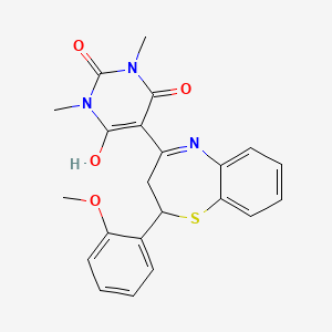 molecular formula C22H21N3O4S B11332301 5-[2-(2-methoxyphenyl)-2,3-dihydro-1,5-benzothiazepin-4(5H)-ylidene]-1,3-dimethylpyrimidine-2,4,6(1H,3H,5H)-trione 