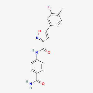 molecular formula C18H14FN3O3 B11352523 N-(4-carbamoylphenyl)-5-(3-fluoro-4-methylphenyl)-1,2-oxazole-3-carboxamide 