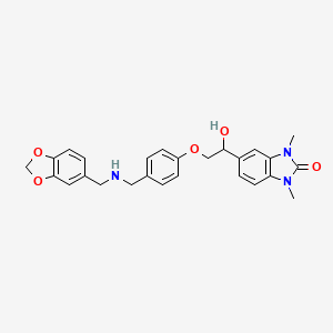 molecular formula C26H27N3O5 B11353450 5-[2-(4-{[(1,3-benzodioxol-5-ylmethyl)amino]methyl}phenoxy)-1-hydroxyethyl]-1,3-dimethyl-1,3-dihydro-2H-benzimidazol-2-one 