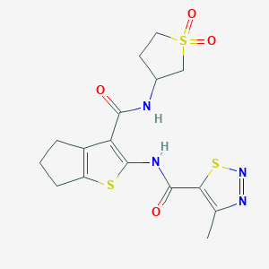 molecular formula C16H18N4O4S3 B11361478 N-{3-[(1,1-dioxidotetrahydrothiophen-3-yl)carbamoyl]-5,6-dihydro-4H-cyclopenta[b]thiophen-2-yl}-4-methyl-1,2,3-thiadiazole-5-carboxamide 