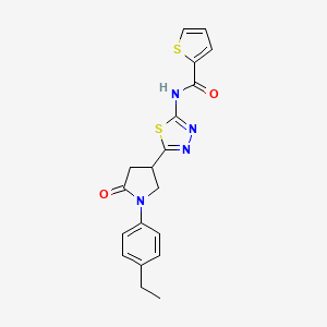 molecular formula C19H18N4O2S2 B11362428 N-{5-[1-(4-ethylphenyl)-5-oxopyrrolidin-3-yl]-1,3,4-thiadiazol-2-yl}thiophene-2-carboxamide 