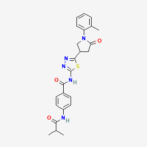 molecular formula C24H25N5O3S B11362615 N-{5-[1-(2-methylphenyl)-5-oxopyrrolidin-3-yl]-1,3,4-thiadiazol-2-yl}-4-[(2-methylpropanoyl)amino]benzamide 