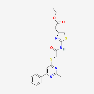 molecular formula C20H20N4O3S2 B11363246 Ethyl 2-(2-(2-((2-methyl-6-phenylpyrimidin-4-yl)thio)acetamido)thiazol-4-yl)acetate 