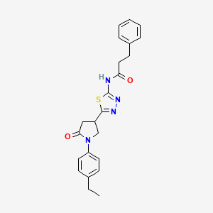 molecular formula C23H24N4O2S B11363574 N-{5-[1-(4-ethylphenyl)-5-oxopyrrolidin-3-yl]-1,3,4-thiadiazol-2-yl}-3-phenylpropanamide 