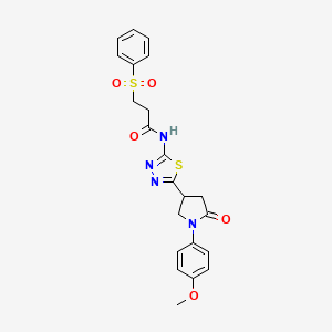 molecular formula C22H22N4O5S2 B11366059 N-{5-[1-(4-methoxyphenyl)-5-oxopyrrolidin-3-yl]-1,3,4-thiadiazol-2-yl}-3-(phenylsulfonyl)propanamide 