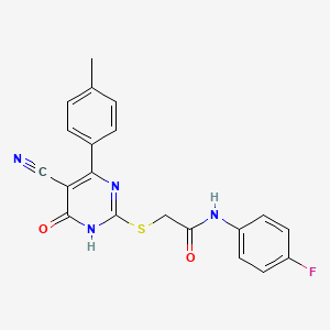 molecular formula C20H15FN4O2S B11372777 2-{[5-Cyano-4-(4-methylphenyl)-6-oxo-1,6-dihydropyrimidin-2-YL]sulfanyl}-N-(4-fluorophenyl)acetamide 