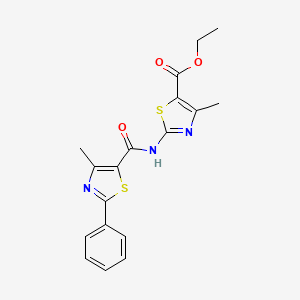 molecular formula C18H17N3O3S2 B11374696 Ethyl 4-methyl-2-{[(4-methyl-2-phenyl-1,3-thiazol-5-yl)carbonyl]amino}-1,3-thiazole-5-carboxylate 