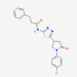 molecular formula C21H19ClN4O2S B11377728 N-{5-[1-(4-chlorophenyl)-5-oxopyrrolidin-3-yl]-1,3,4-thiadiazol-2-yl}-3-phenylpropanamide 