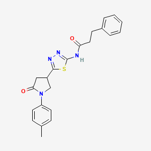 molecular formula C22H22N4O2S B11379948 N-{5-[1-(4-methylphenyl)-5-oxopyrrolidin-3-yl]-1,3,4-thiadiazol-2-yl}-3-phenylpropanamide 