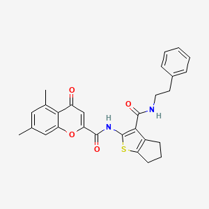 molecular formula C28H26N2O4S B11383653 5,7-dimethyl-4-oxo-N-{3-[(2-phenylethyl)carbamoyl]-5,6-dihydro-4H-cyclopenta[b]thiophen-2-yl}-4H-chromene-2-carboxamide 