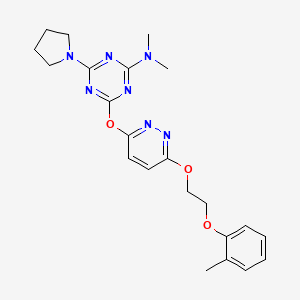 molecular formula C22H27N7O3 B11392826 N,N-dimethyl-4-({6-[2-(2-methylphenoxy)ethoxy]pyridazin-3-yl}oxy)-6-(pyrrolidin-1-yl)-1,3,5-triazin-2-amine 