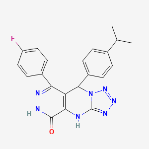 molecular formula C21H18FN7O B11394495 10-(4-fluorophenyl)-8-(4-propan-2-ylphenyl)-2,4,5,6,7,11,12-heptazatricyclo[7.4.0.03,7]trideca-1(9),3,5,10-tetraen-13-one 