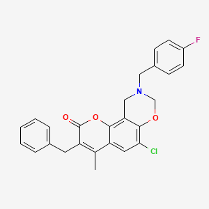 molecular formula C26H21ClFNO3 B11398627 3-benzyl-6-chloro-9-(4-fluorobenzyl)-4-methyl-9,10-dihydro-2H,8H-chromeno[8,7-e][1,3]oxazin-2-one 