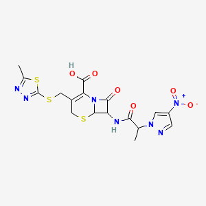 molecular formula C17H17N7O6S3 B11402941 3-{[(5-methyl-1,3,4-thiadiazol-2-yl)sulfanyl]methyl}-7-{[2-(4-nitro-1H-pyrazol-1-yl)propanoyl]amino}-8-oxo-5-thia-1-azabicyclo[4.2.0]oct-2-ene-2-carboxylic acid 