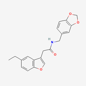 molecular formula C20H19NO4 B11405577 N-(1,3-benzodioxol-5-ylmethyl)-2-(5-ethyl-1-benzofuran-3-yl)acetamide 