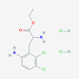molecular formula C₁₁H₁₆Cl₄N₂O₂ B1140999 Ethyl 2-(6-Amino-2,3-dichlorobenzyl)glycine Dihydrochloride(Anagrelide Impurity A) CAS No. 882301-57-7