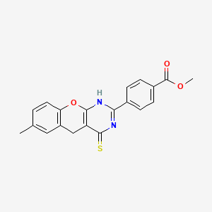 molecular formula C20H16N2O3S B11414642 methyl 4-{7-methyl-4-sulfanylidene-3H,4H,5H-chromeno[2,3-d]pyrimidin-2-yl}benzoate 