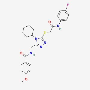molecular formula C25H28FN5O3S B11422370 N-{[4-Cyclohexyl-5-({[(4-fluorophenyl)carbamoyl]methyl}sulfanyl)-4H-1,2,4-triazol-3-YL]methyl}-4-methoxybenzamide 