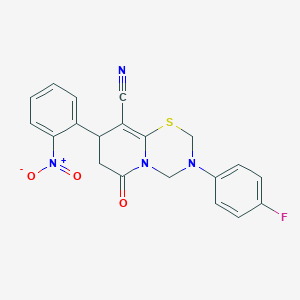 molecular formula C20H15FN4O3S B11424037 3-(4-fluorophenyl)-8-(2-nitrophenyl)-6-oxo-3,4,7,8-tetrahydro-2H,6H-pyrido[2,1-b][1,3,5]thiadiazine-9-carbonitrile 