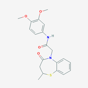 molecular formula C20H22N2O4S B11424862 N-(3,4-dimethoxyphenyl)-2-(2-methyl-4-oxo-3,4-dihydrobenzo[b][1,4]thiazepin-5(2H)-yl)acetamide 