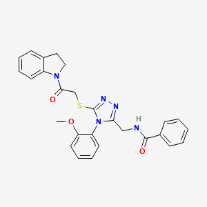 molecular formula C27H25N5O3S B11425200 N-((5-((2-(indolin-1-yl)-2-oxoethyl)thio)-4-(2-methoxyphenyl)-4H-1,2,4-triazol-3-yl)methyl)benzamide 