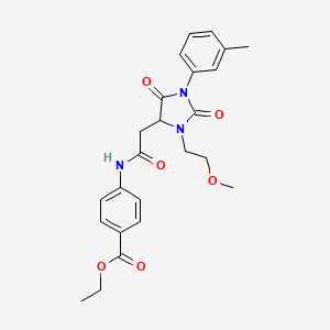 molecular formula C24H27N3O6 B11425682 Ethyl 4-({[3-(2-methoxyethyl)-1-(3-methylphenyl)-2,5-dioxoimidazolidin-4-yl]acetyl}amino)benzoate 