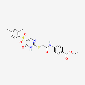 molecular formula C23H23N3O6S2 B11426568 Ethyl 4-(2-{[5-(2,4-dimethylbenzenesulfonyl)-6-oxo-1,6-dihydropyrimidin-2-yl]sulfanyl}acetamido)benzoate 
