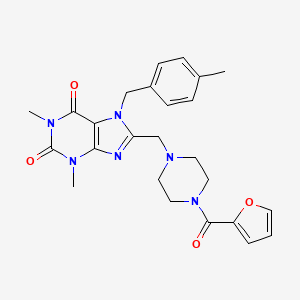 molecular formula C25H28N6O4 B11430107 8-{[4-(furan-2-ylcarbonyl)piperazin-1-yl]methyl}-1,3-dimethyl-7-(4-methylbenzyl)-3,7-dihydro-1H-purine-2,6-dione 