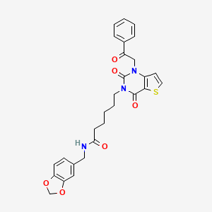 molecular formula C28H27N3O6S B11432946 N-(1,3-benzodioxol-5-ylmethyl)-6-[2,4-dioxo-1-(2-oxo-2-phenylethyl)-1,4-dihydrothieno[3,2-d]pyrimidin-3(2H)-yl]hexanamide 