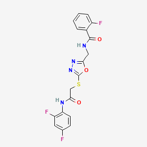 molecular formula C18H13F3N4O3S B11437263 N-{[5-({[(2,4-Difluorophenyl)carbamoyl]methyl}sulfanyl)-1,3,4-oxadiazol-2-YL]methyl}-2-fluorobenzamide 