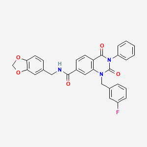 molecular formula C30H22FN3O5 B11438092 N-(1,3-benzodioxol-5-ylmethyl)-1-(3-fluorobenzyl)-2,4-dioxo-3-phenyl-1,2,3,4-tetrahydroquinazoline-7-carboxamide 