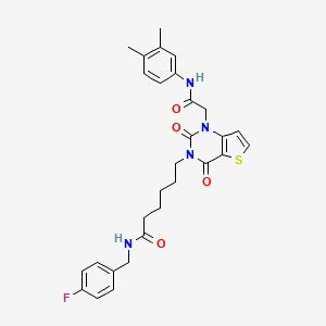 molecular formula C29H31FN4O4S B11438998 6-(1-(2-((3,4-dimethylphenyl)amino)-2-oxoethyl)-2,4-dioxo-1,2-dihydrothieno[3,2-d]pyrimidin-3(4H)-yl)-N-(4-fluorobenzyl)hexanamide 
